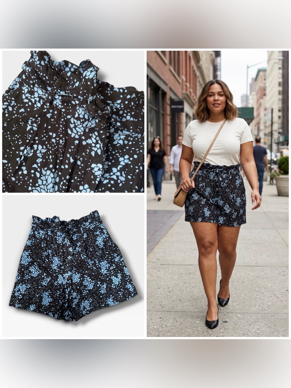 NEW Who What Wear Black High-Waist Tie Shorts with Light Blue Print, Size 14